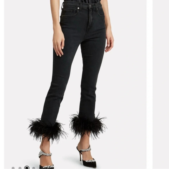 Veronica Beard Denim - VERONICA BEARD Kareena  Ostrich Feather- Trimmed Skinny Jeans Charcoal Size 28/6